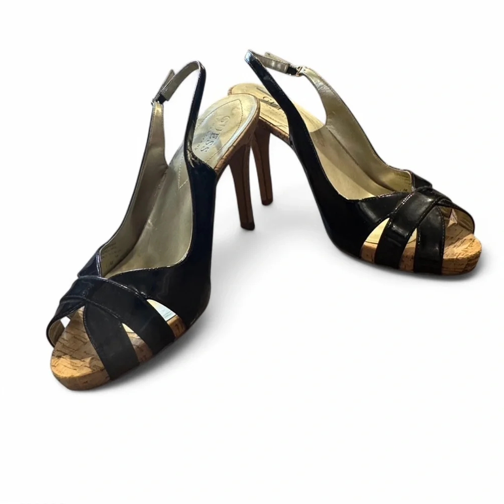 GUESS by Marciano Black Patent Cork Slingback Heels Size: 7.5